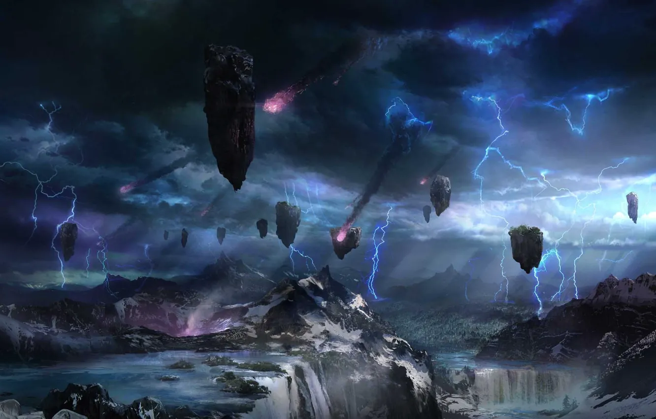 Фото обои пейзаж, горы, тучи, скалы, молния, водопад, метеор, летающие