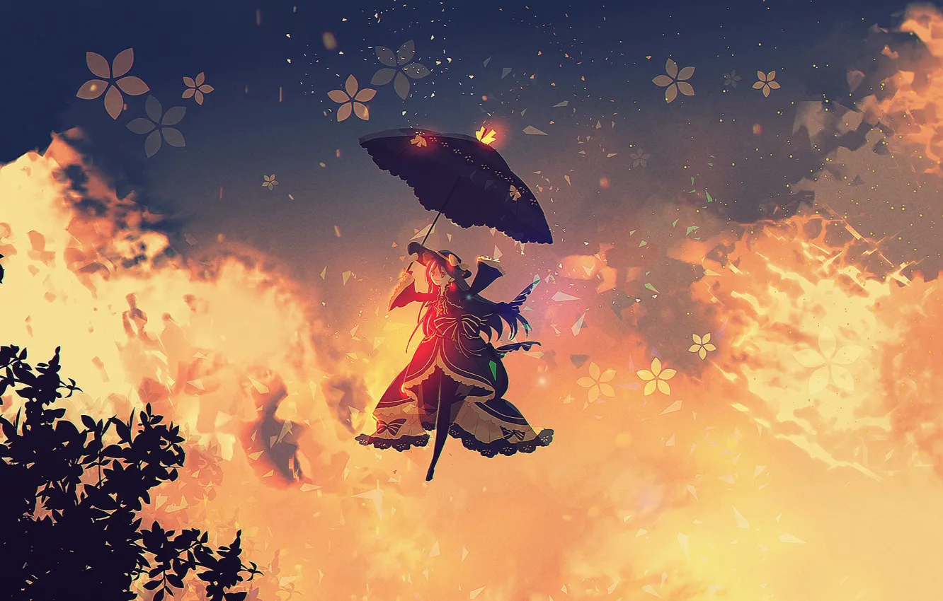 Фото обои небо, девушка, зонт, летит, reinforced