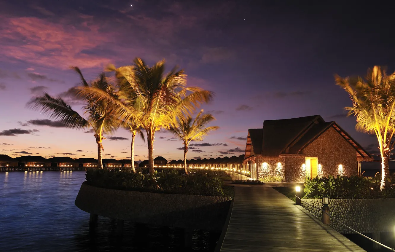 Фото обои пальмы, океан, вечер, курорт, лагуна