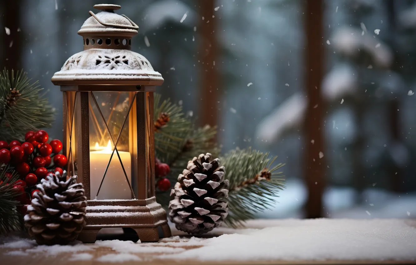 Фото обои зима, снег, ночь, Рождество, фонарь, Новый год, Christmas, night