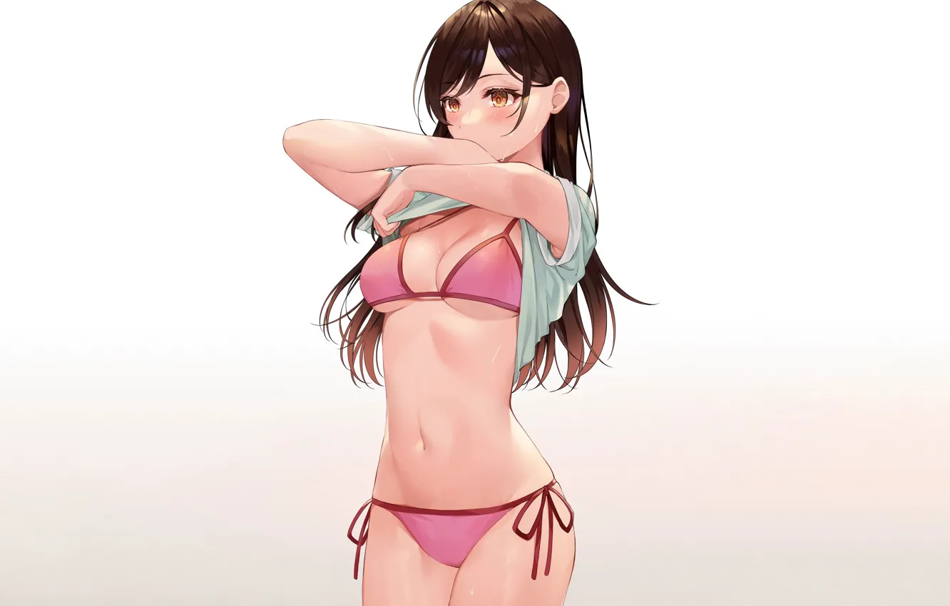 Фото обои girl, sexy, wet, cleavage, long hair, brown hair, boobs, anime