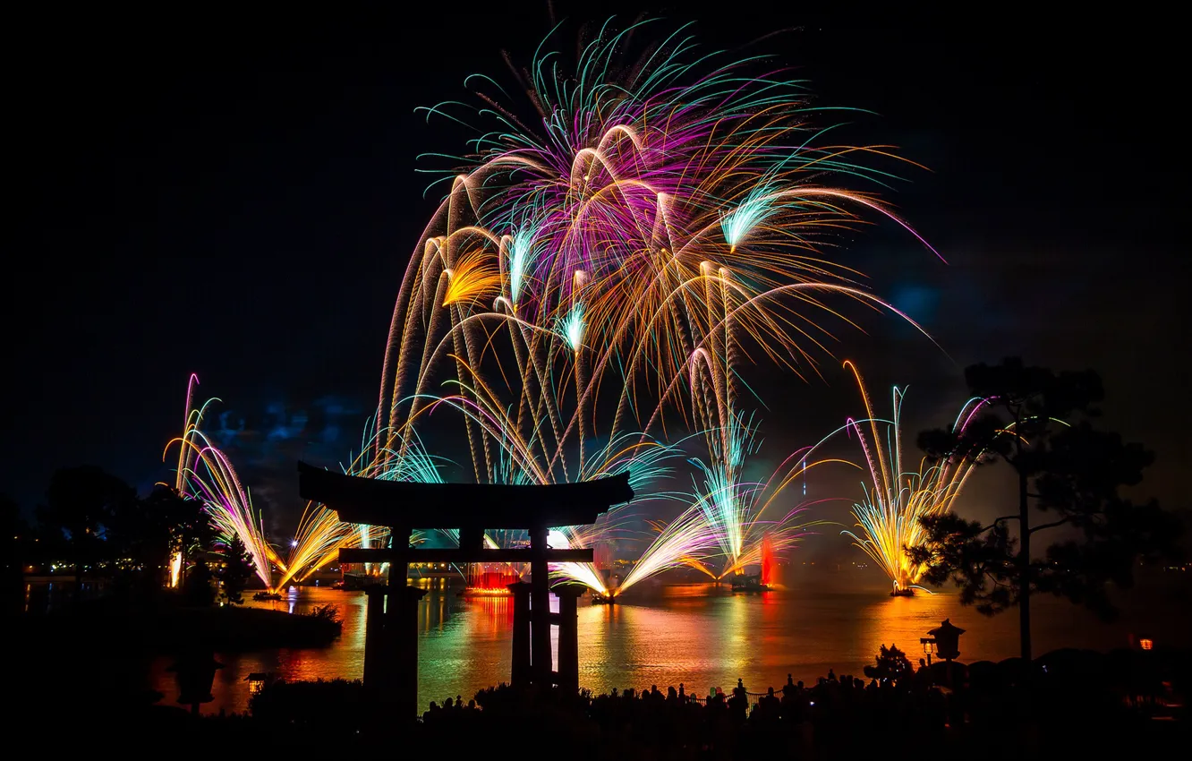 Фото обои lights, new year, night, fireworks, Asia, pines, torii