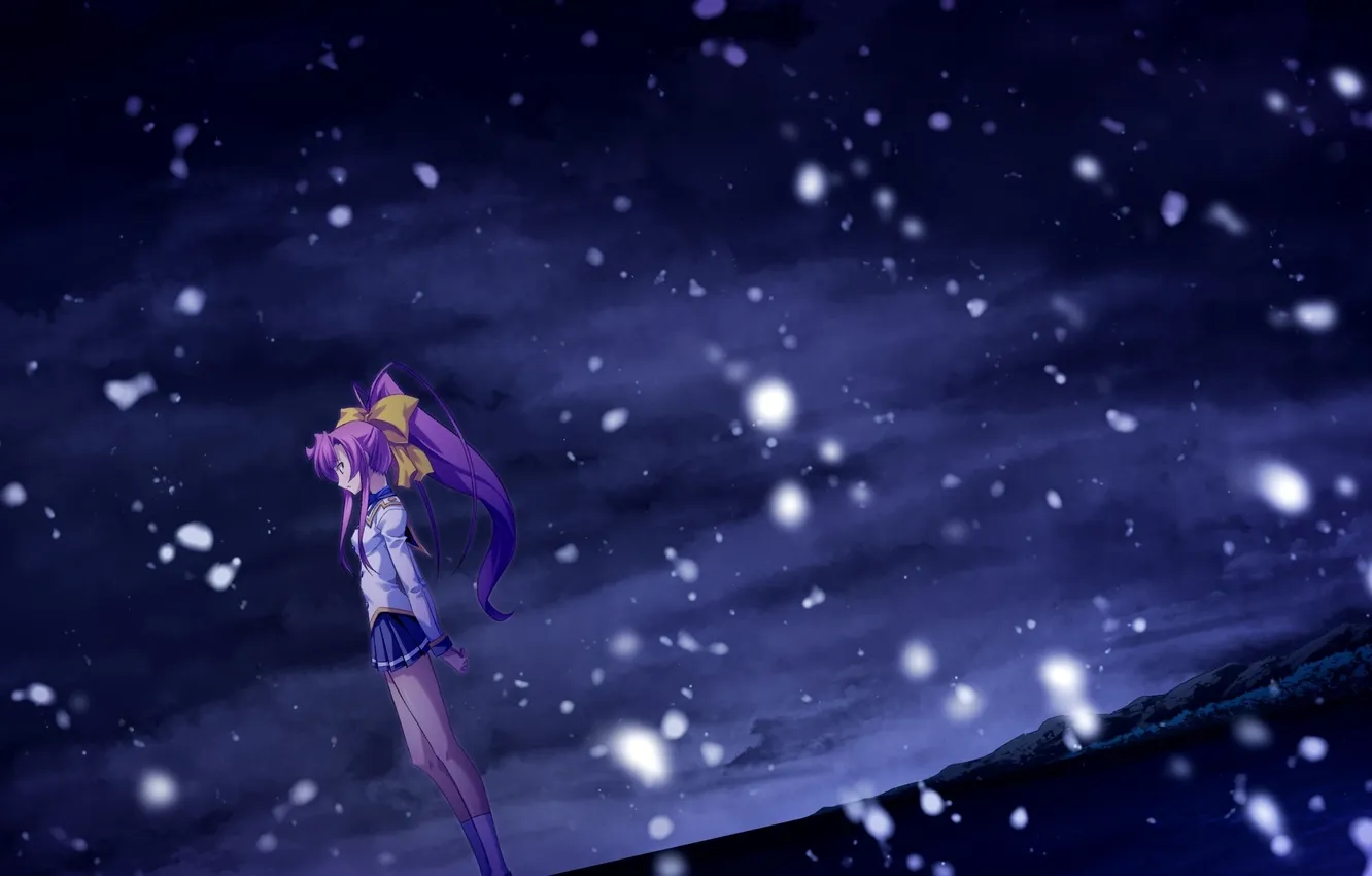 Фото обои девушка, снег, горы, ночь, аниме, арт, izumi mahiru