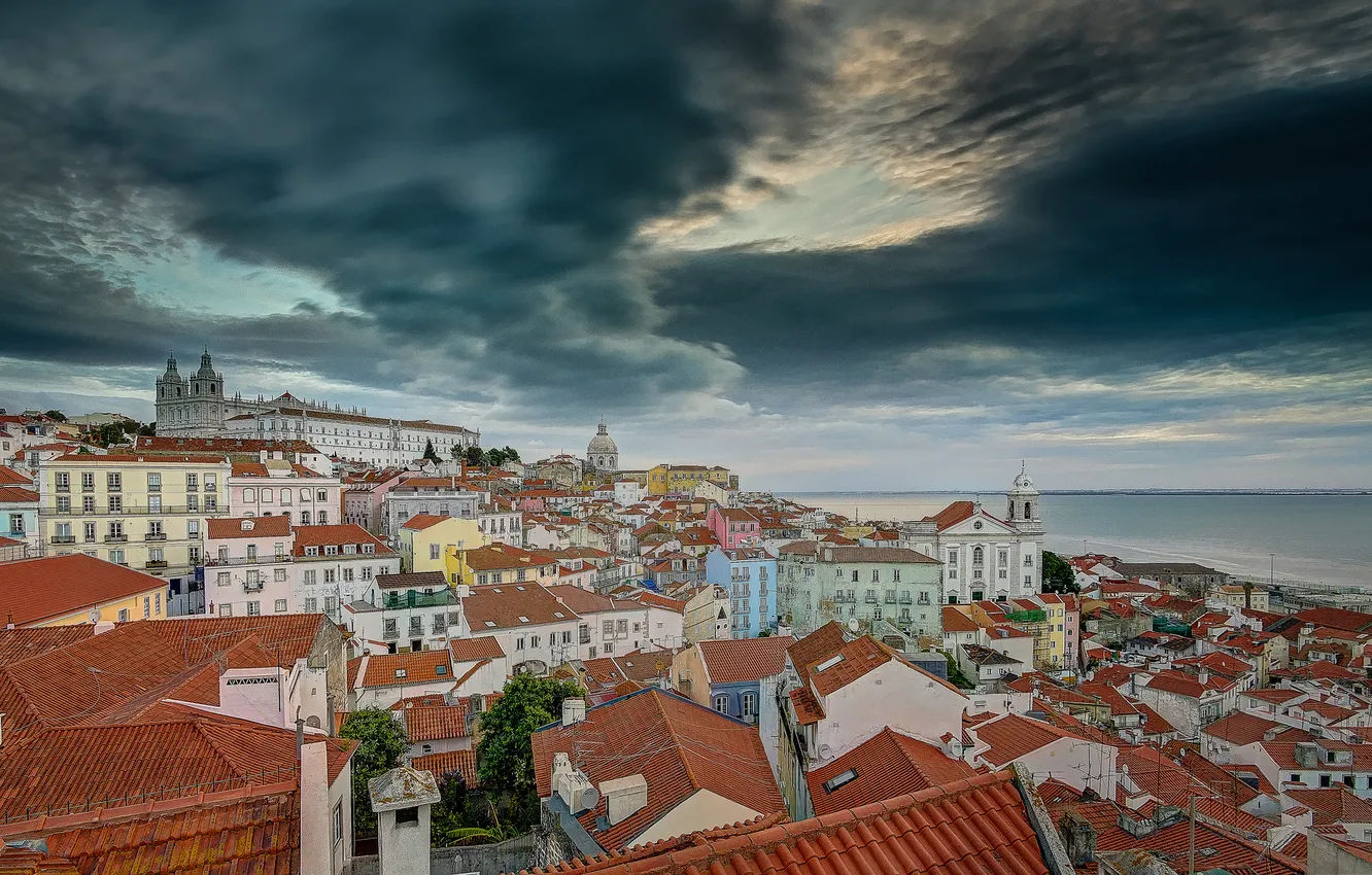 Фото обои побережье, здания, панорама, Португалия, Лиссабон, Portugal, Lisbon, бухта Мар-да-Палья