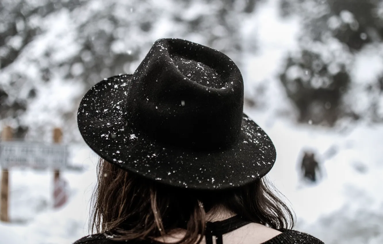 Фото обои зима, девушка, снег, шляпа