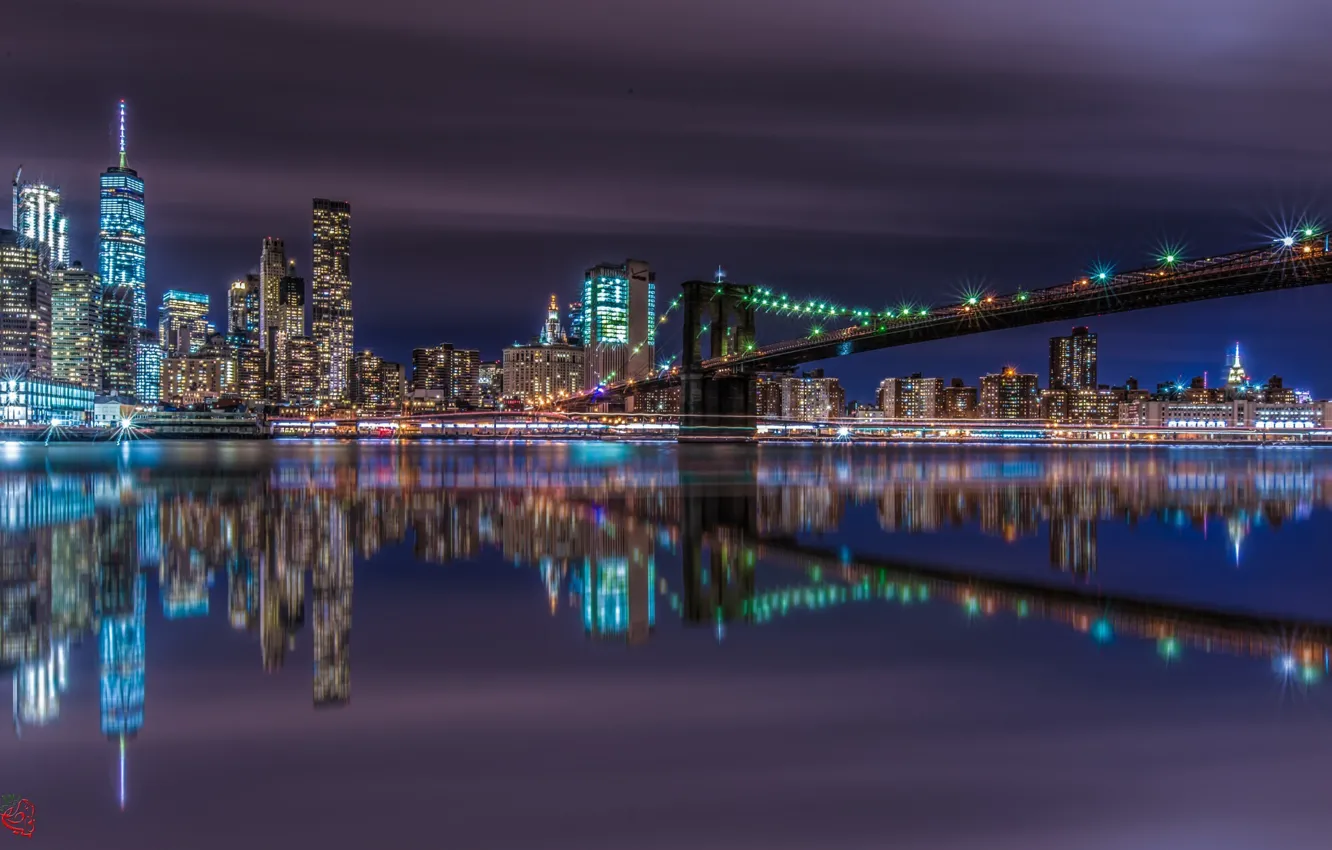Фото обои отражения, ночь, мост, город, огни, Нью Йорк
