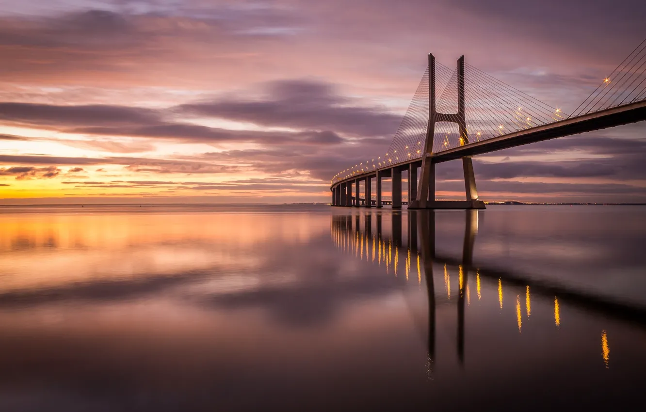 Фото обои мост, огни, вечер, Португалия