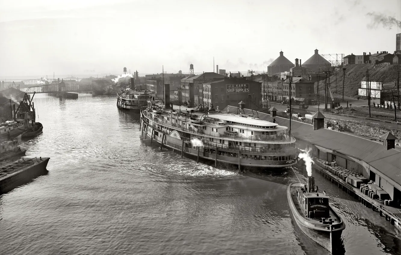 Фото обои мост, город, ретро, река, корабль, пароход, США, 1904-й год