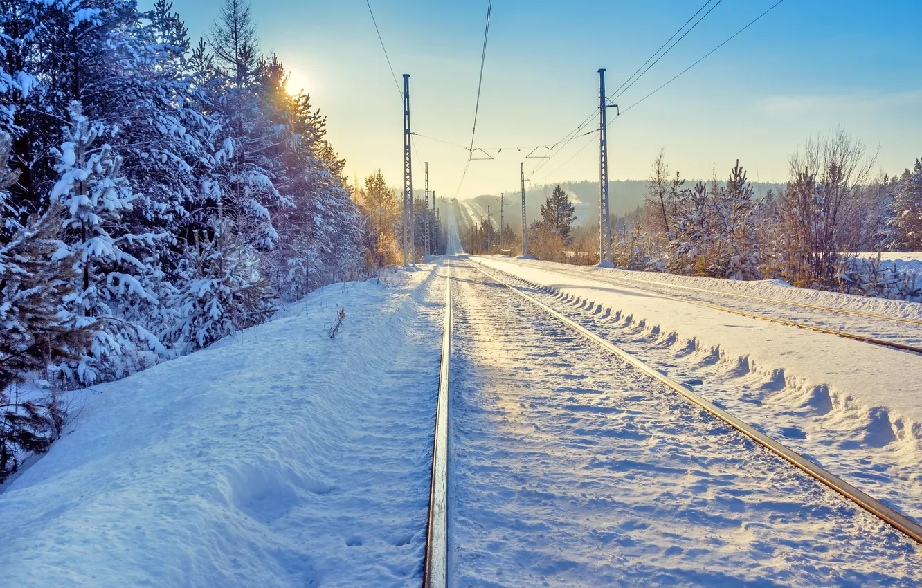 Фото обои зима, пейзаж, перспектива, железная дорога