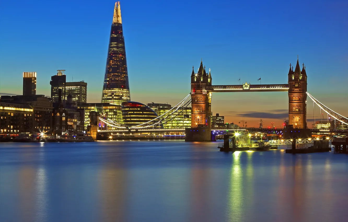 Фото обои ночь, огни, Англия, Лондон, Тауэрский мост, башня shard