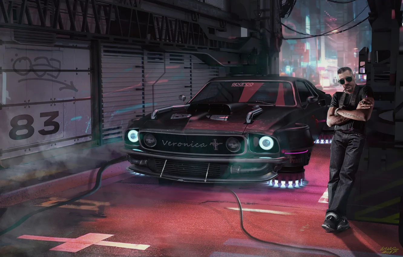 Фото обои мужик, гараж, автомобиль, Cyberpunk Driver, cyber mustang