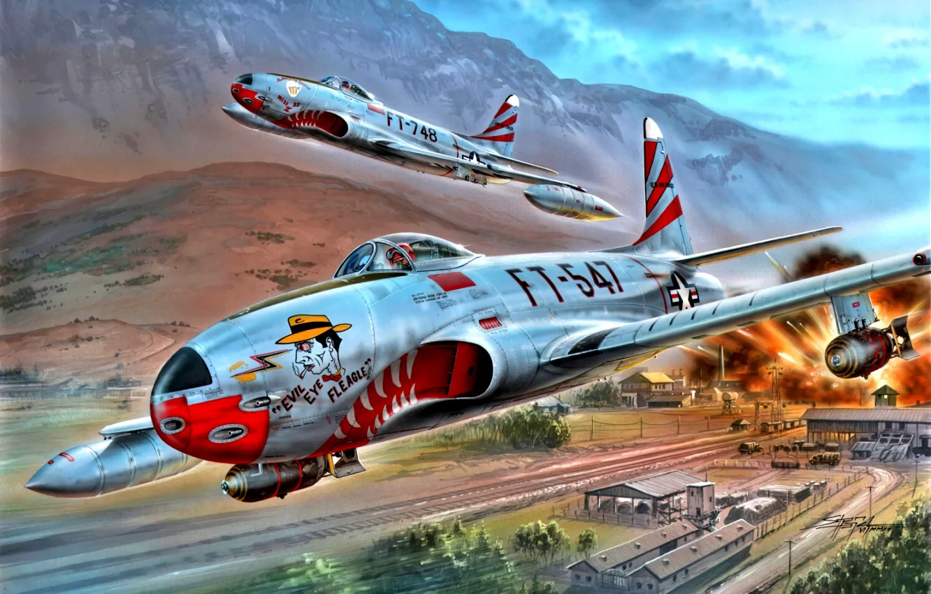 Фото обои USAF, реактивный истребитель, Корейская война 1950—1953 годов, Shooting Star, авиабомбы, F-80C