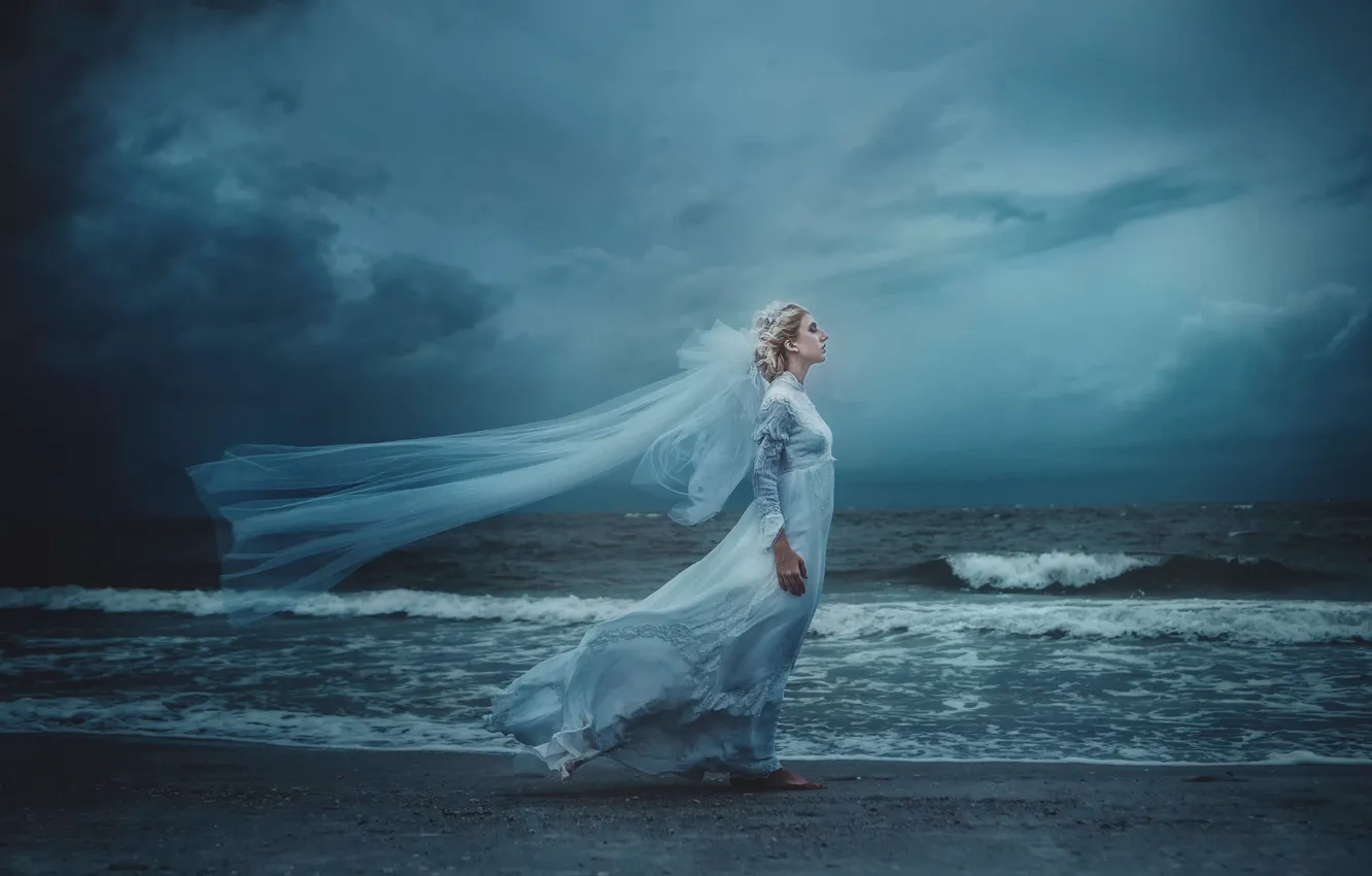 Фото обои волны, ветер, берег, арт, невеста, TJ Drysdale, Madeleine Acton