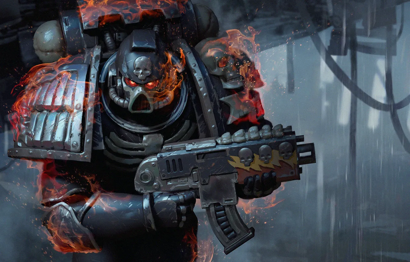 Фото обои огни, оружие, воин, Warhammer, силовая броня