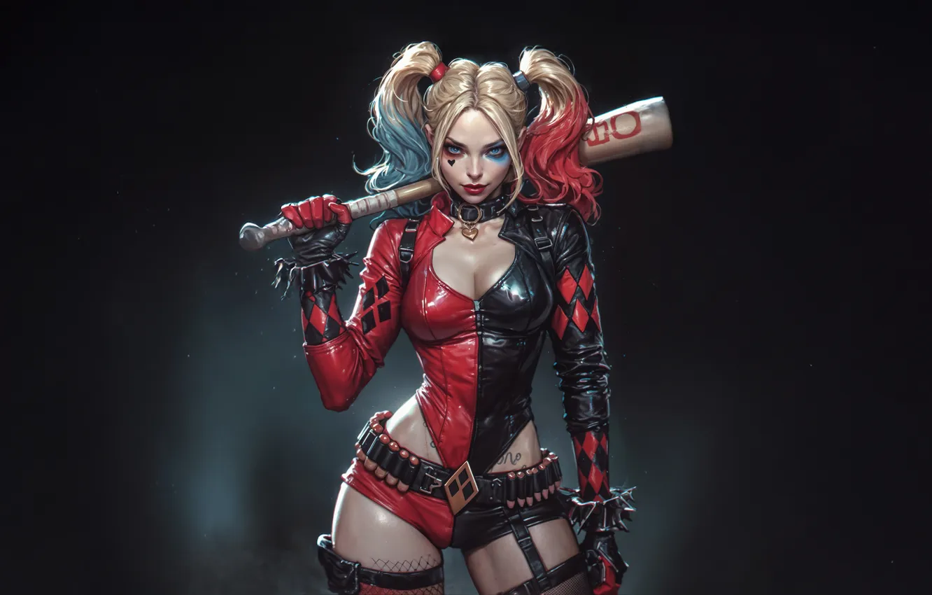 Фото обои DC Comics, Harley Quinn, Black Background, AI Art, AI Generated