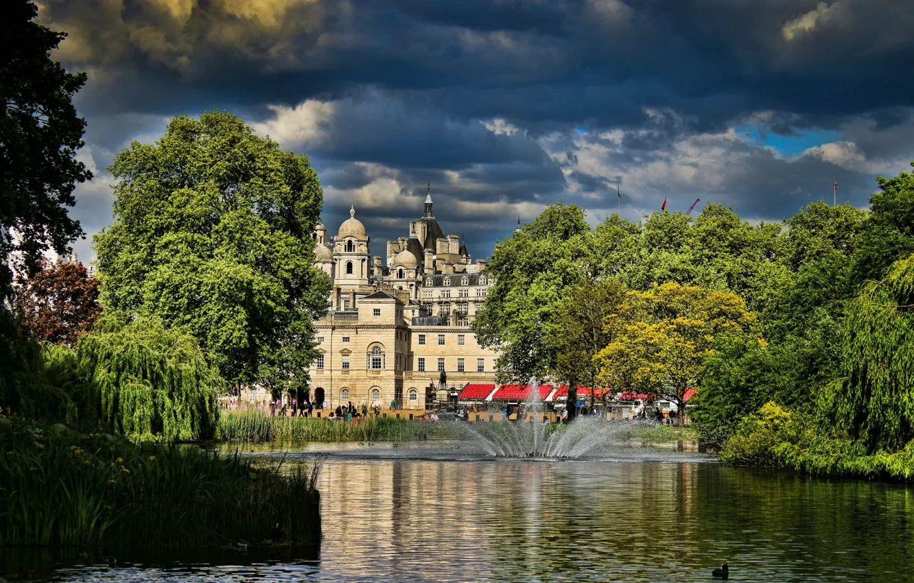 Фото обои Англия, Город, Деревья, Пруд, Дворец, Фонтаны, фото.jpg, Buckingham Palace