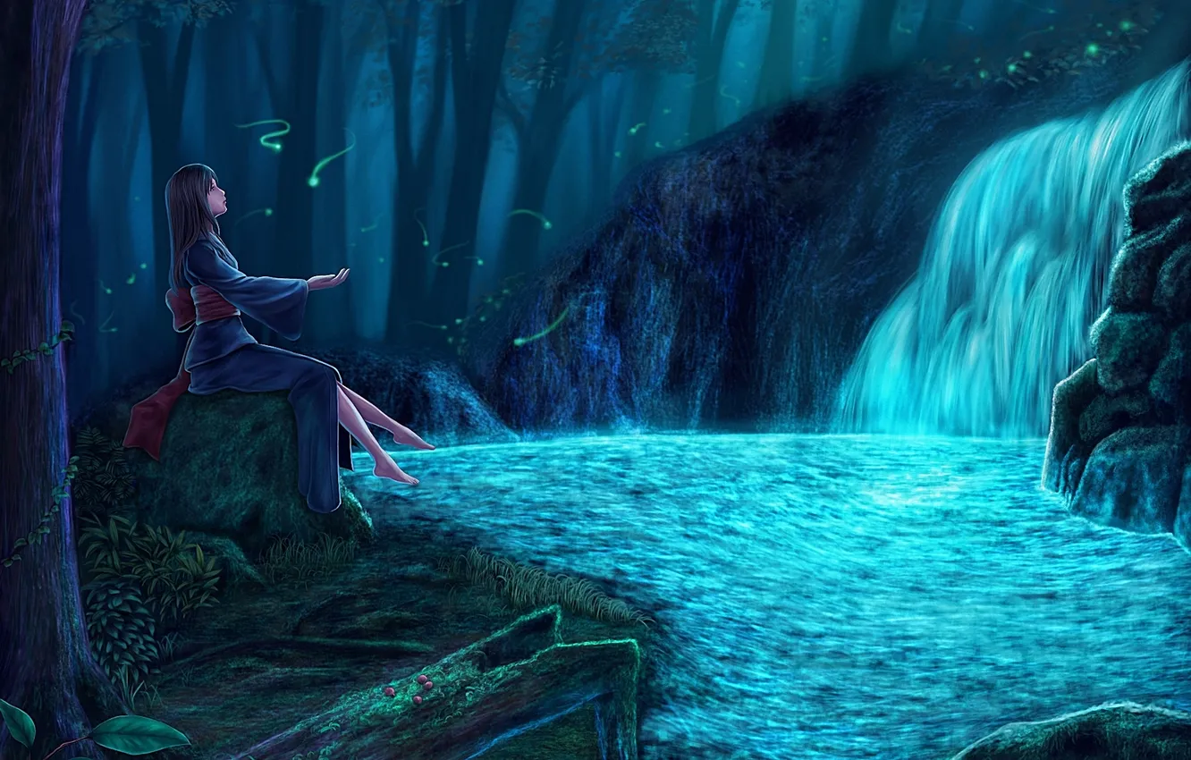 Фото обои лес, девушка, ночь, камень, водопад, дух, огоньки, арт