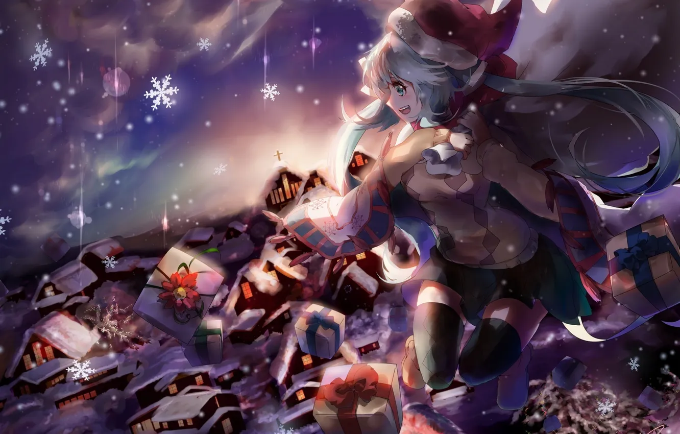Фото обои зима, девушка, снег, праздник, аниме, арт, подарки, vocaloid