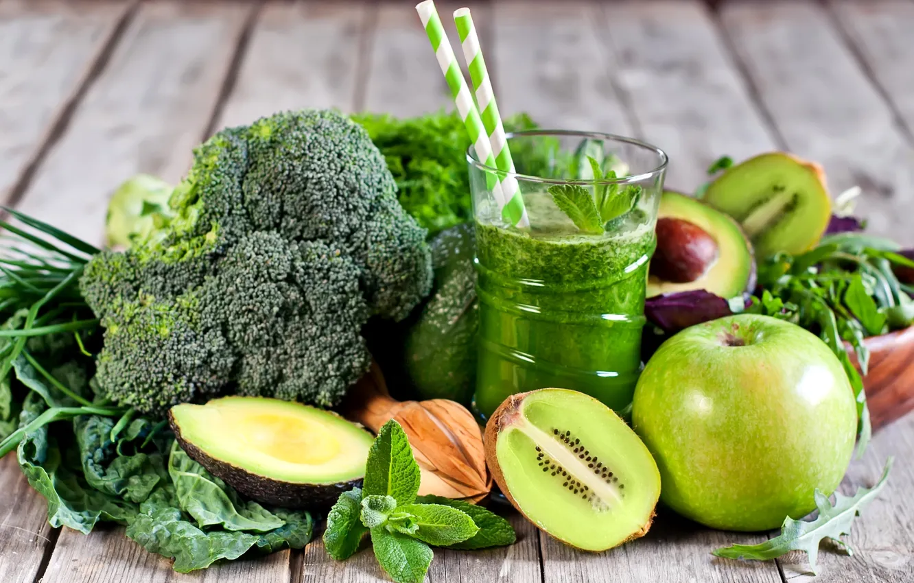 Фото обои зеленый, яблоко, киви, сок, овощи, мята, авокадо, брокколи