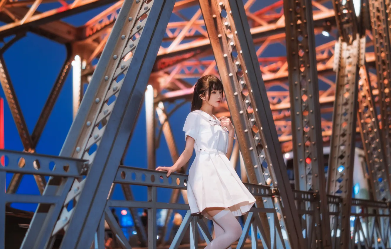 Фото обои Beautiful, Asian, Model, Bridge, Lights, Night, Street, Woman