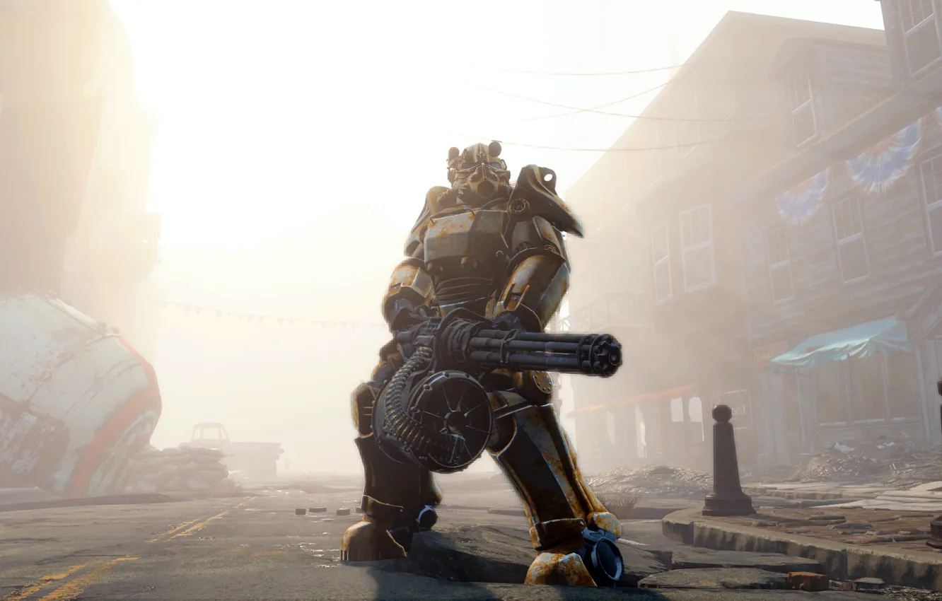 Фото обои gun, power, minigun, Fallout 4, heavy armor