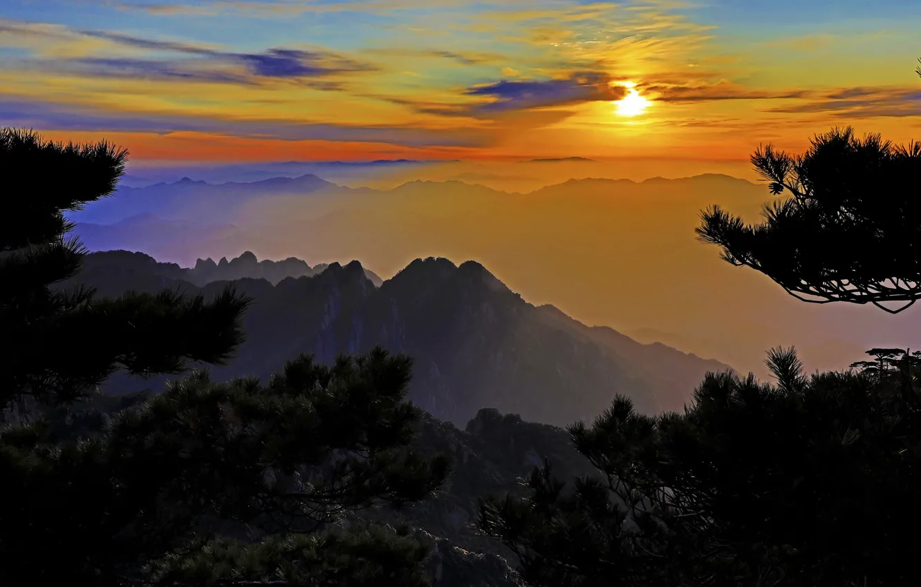 Фото обои солнце, облака, закат, Китай, Аньхой, гора Хуаншань