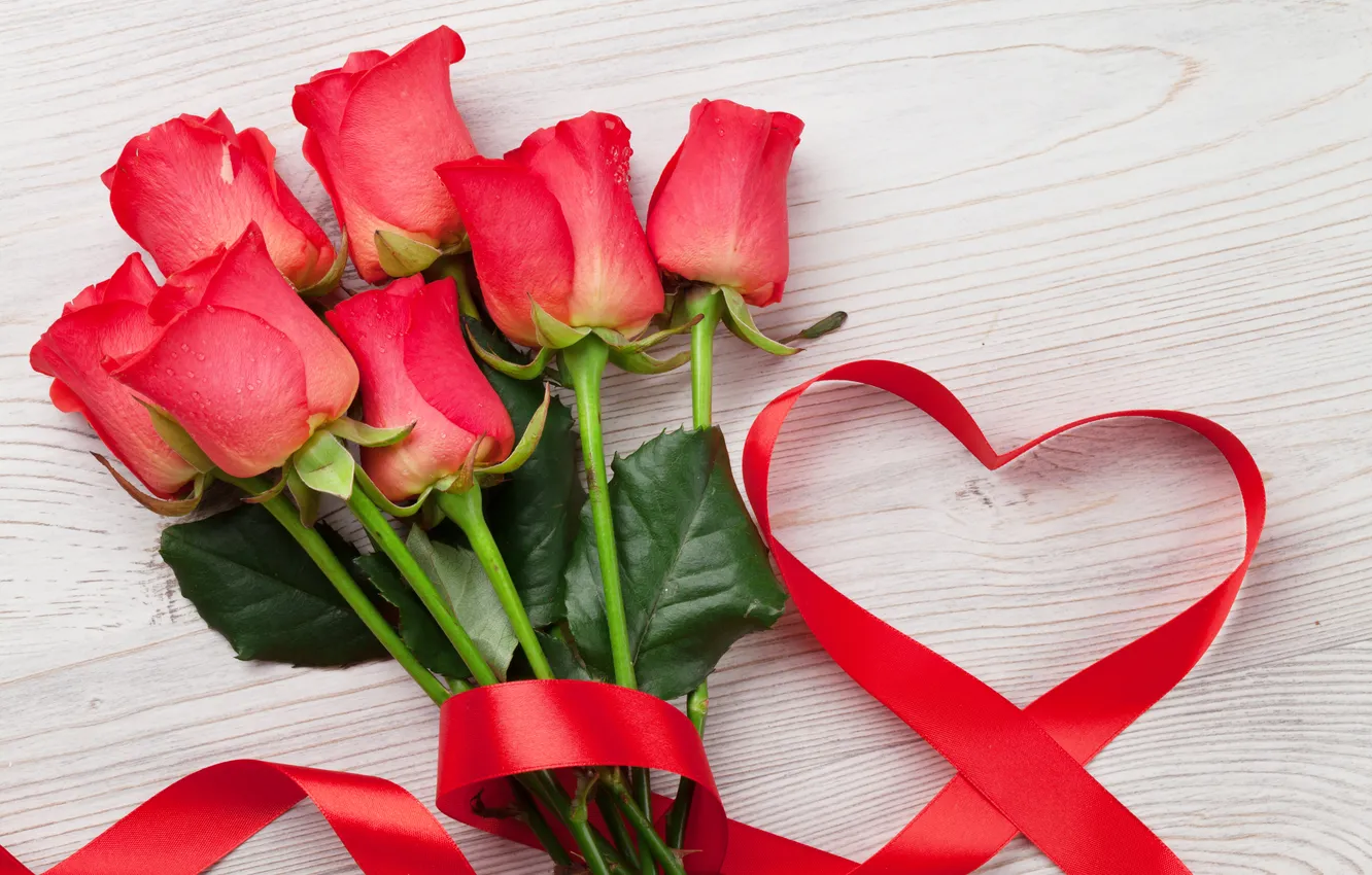 Фото обои любовь, цветы, романтика, сердце, розы, букет, лента, love