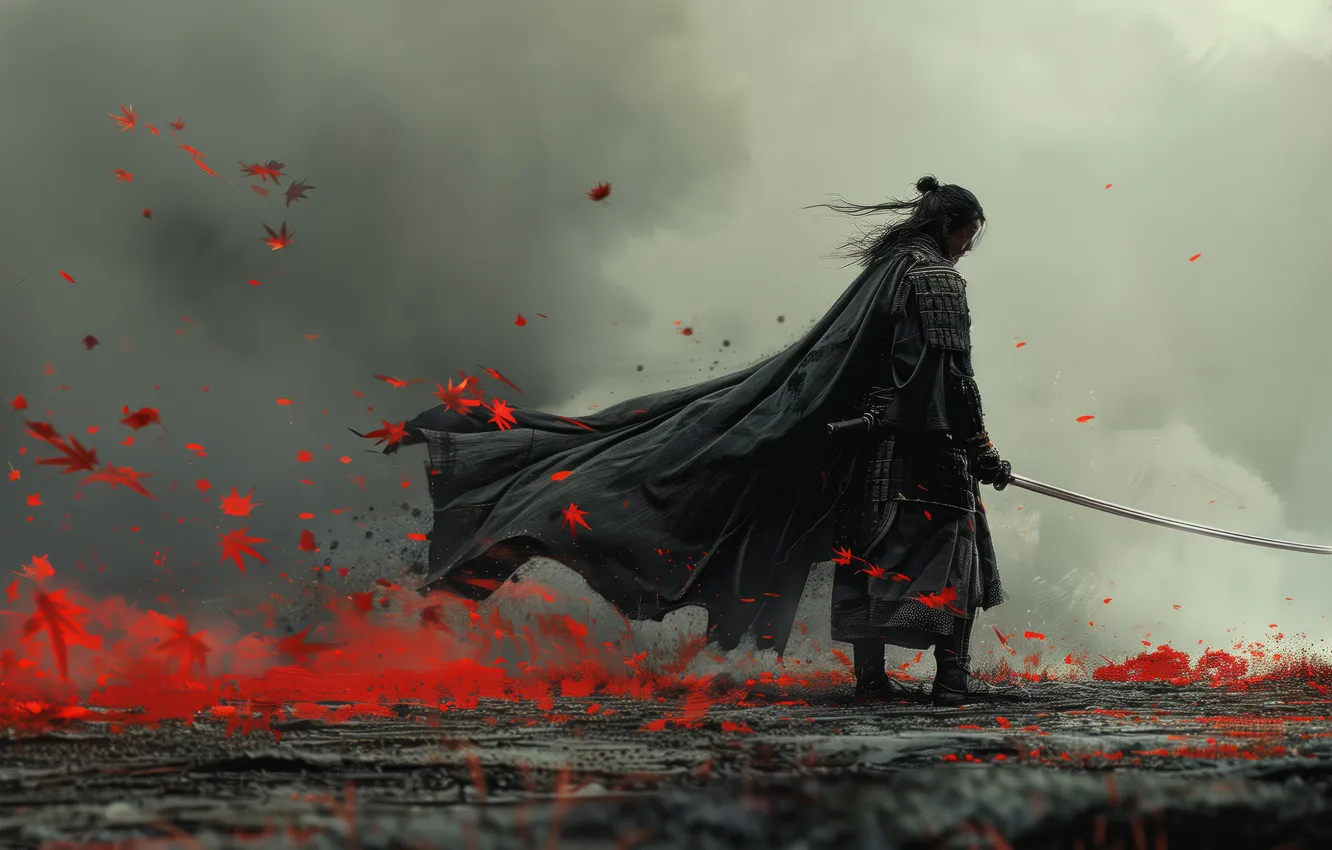 Фото обои wallpaper, Warrior, Samurai, Man, Sword, Illustrations, AI Art