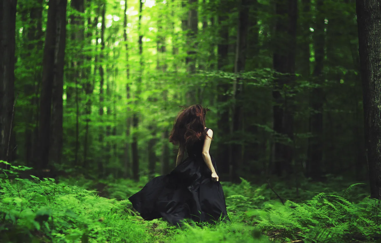 Фото обои лес, девушка, бежит