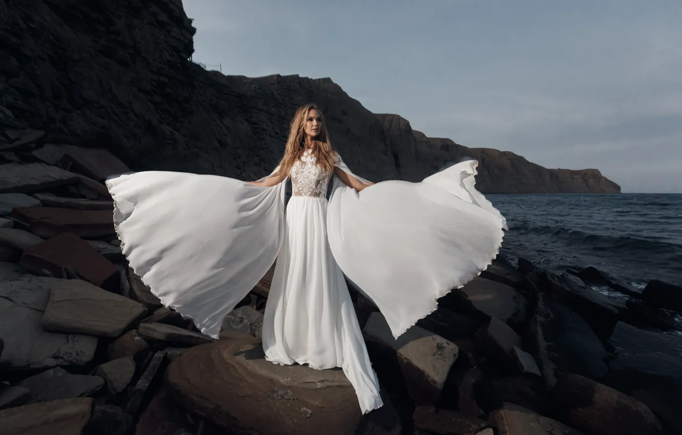 Фото обои море, девушка, белое платье