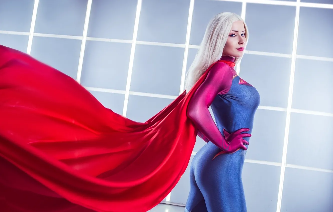 Фото обои girl, cosplay, superwoman, blonde, costume, cape