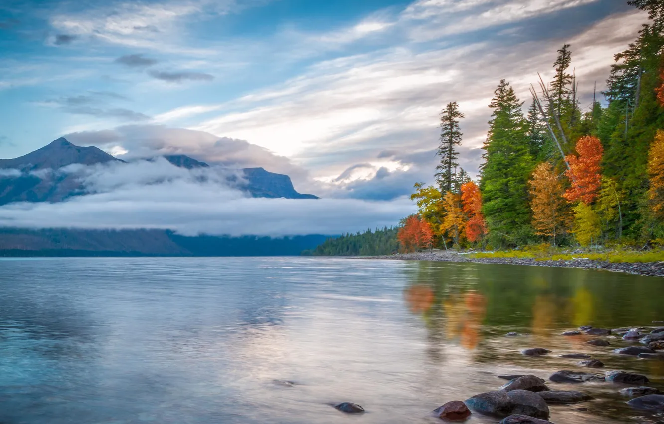 Фото обои осень, лес, облака, горы, природа, озеро, отражение