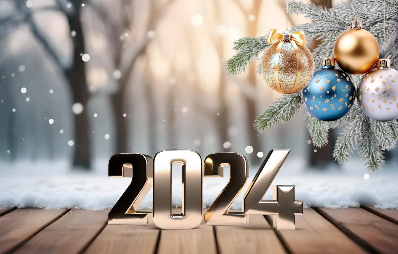 Фото обои зима, снег, шары, цифры, Новый год, golden, balls, wood