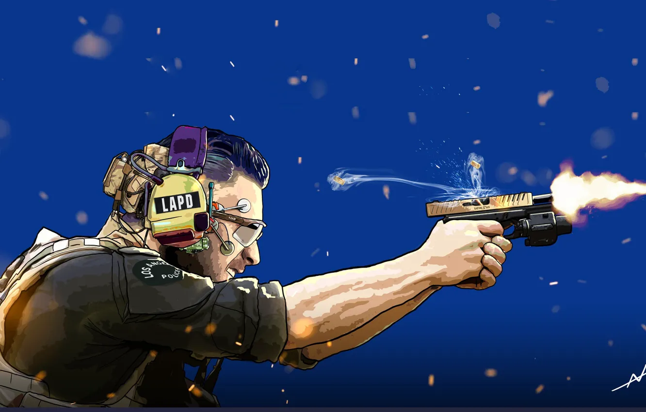Фото обои Пистолет, Art, Выстрел, Коп, Cyberpunk, Офицер, LAPD, Officer Perry