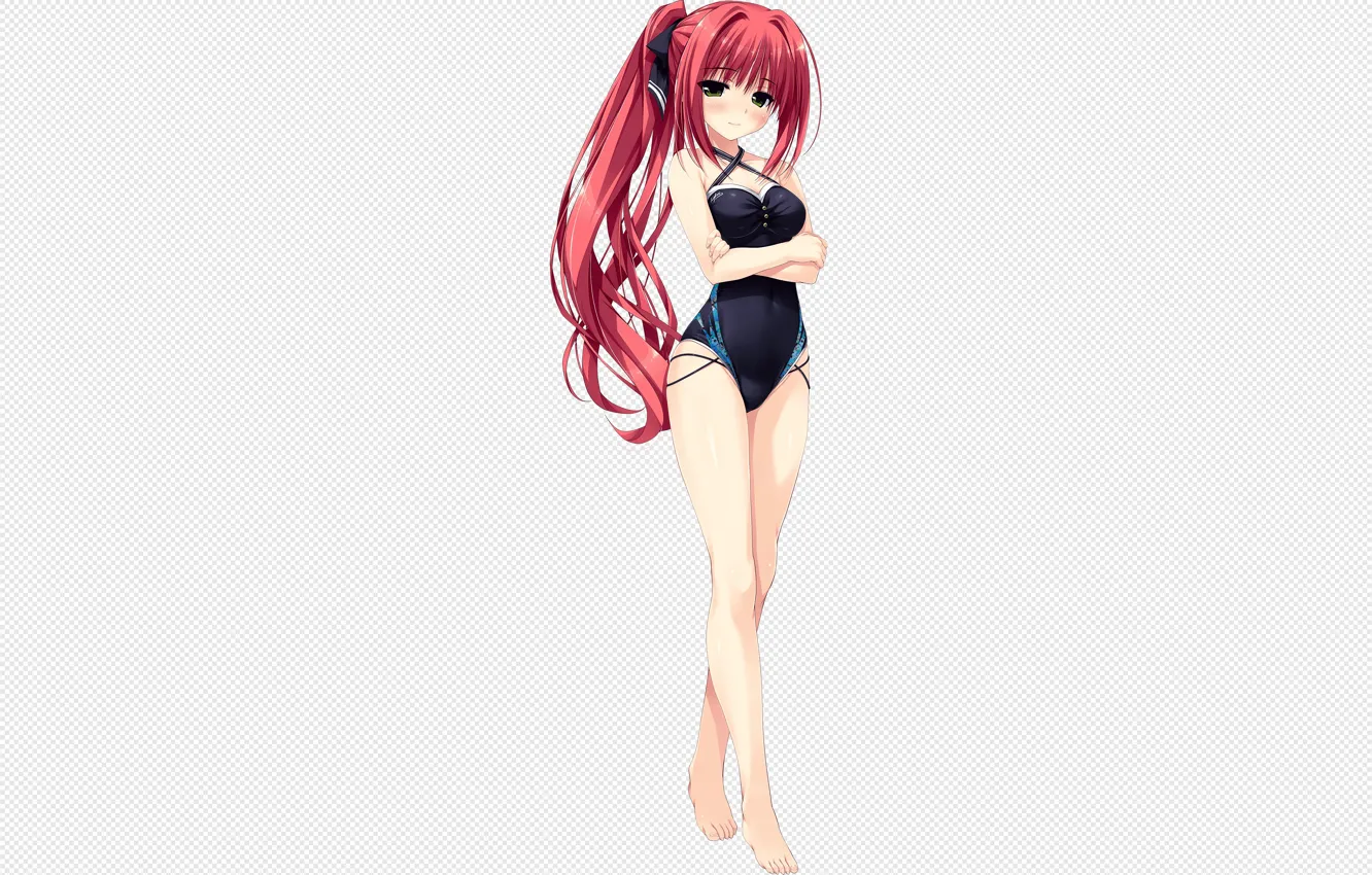 Фото обои girl, sexy, cleavage, red hair, green eyes, long hair, boobs, anime