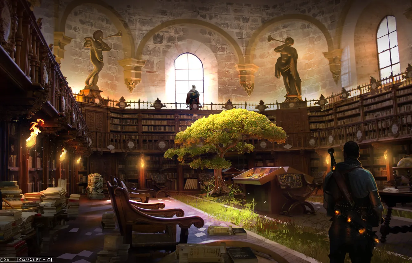 Фото обои дерево, человек, книги, библиотека, статуи, Shackles Kings Quarters