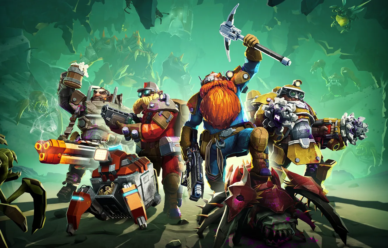 Фото обои оружие, робот, монстры, гномы, броня, кирка, Deep Rock Galactic