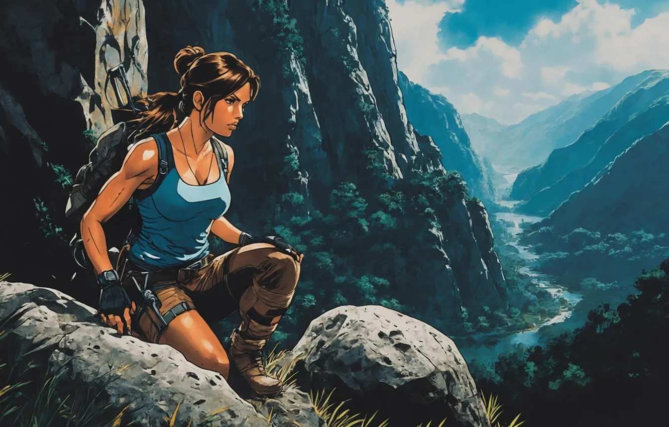 Фото обои Девушка, Горы, Tomb Raider, Лара Крофт, Арт, Game, Lara Croft, Цифровое искусство
