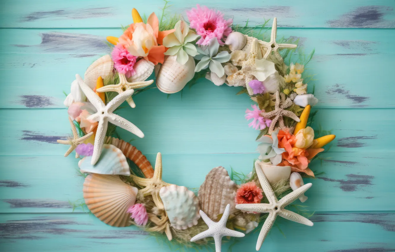 Фото обои лето, цветы, фон, colorful, ракушки, summer, beach, венок