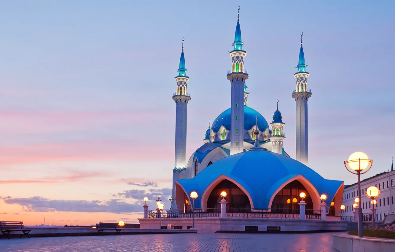 Фото обои закат, огни, простор, панорама, кремль, мечеть, Казань, Татарстан