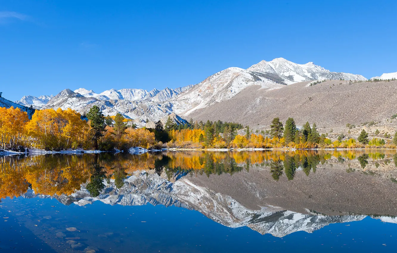 Фото обои осень, небо, деревья, горы, озеро, отражение