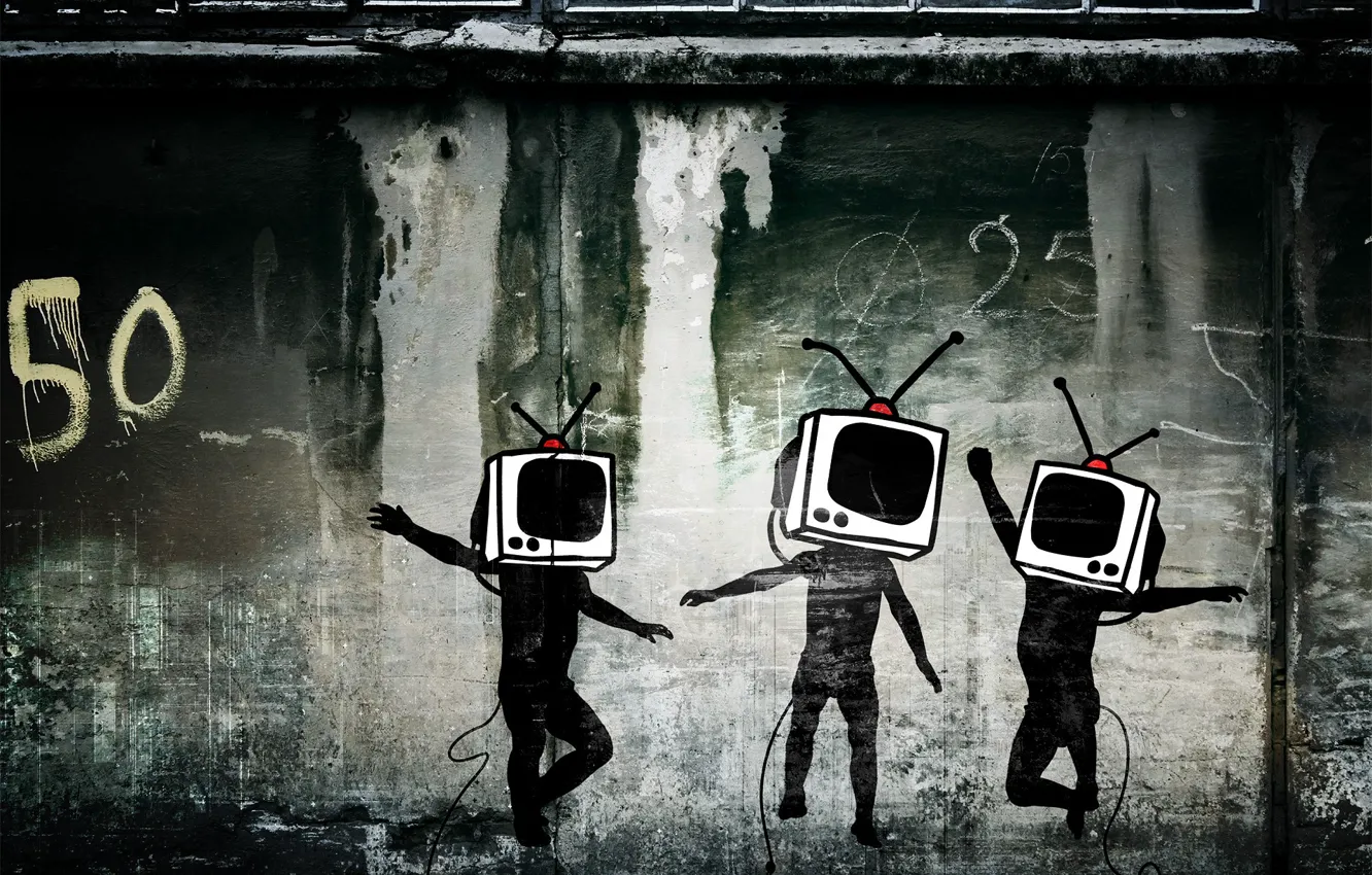 Фото обои стена, граффити, телевизор