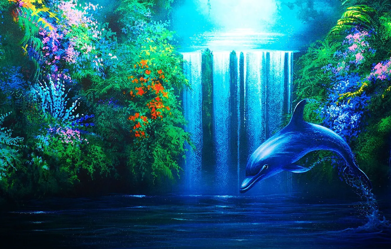 Фото обои дельфин, водопад, растения
