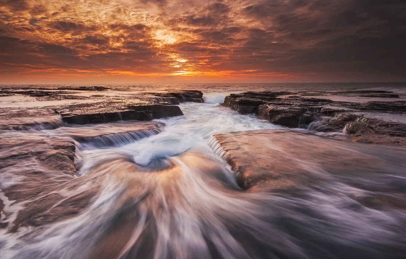 Фото обои море, волны, пляж, океан, скалы, утро, выдержка, Австралия