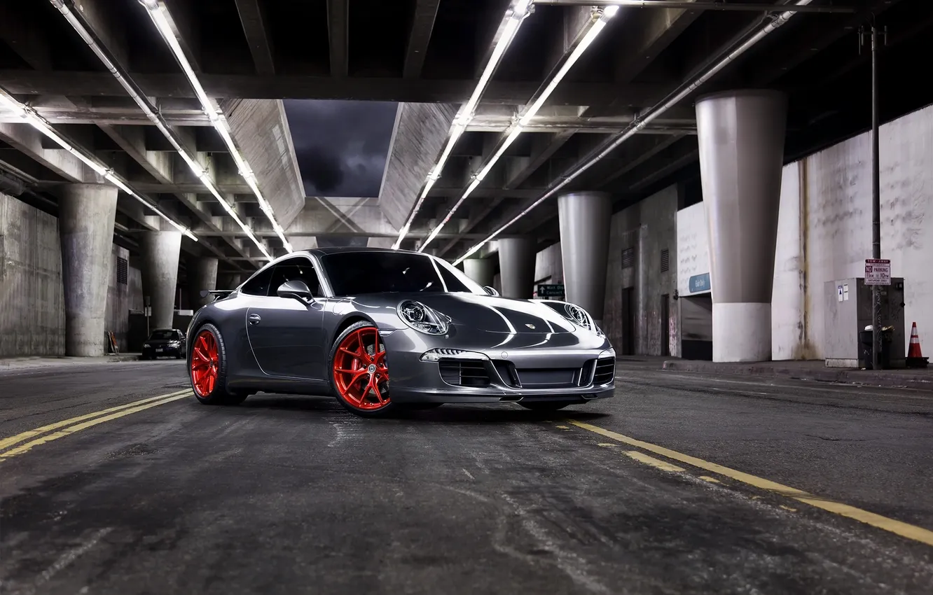 Фото обои серый, 911, Porsche, красные, диски, порше, вид спереди, grey