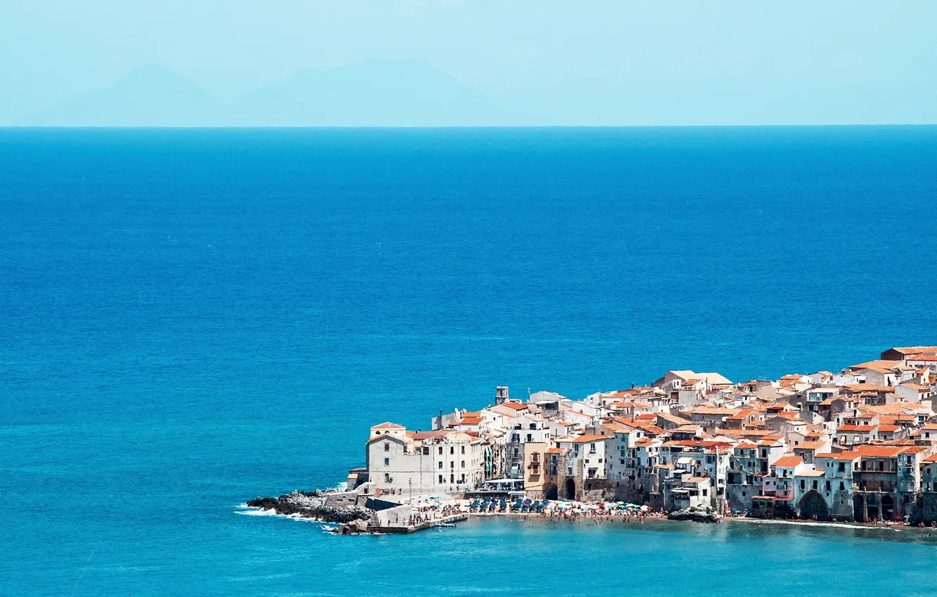 Фото обои море, небо, дома, Италия, мыс, Сицилия, Чефалу