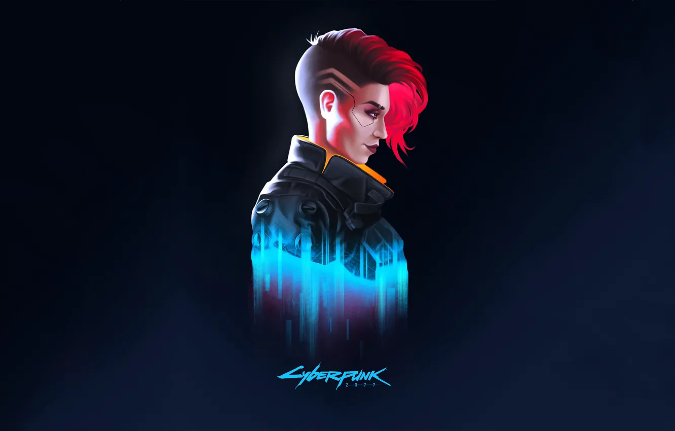 Фото обои темный фон, неон, game, Cyberpunk 2077, киберпанк 2077, girl with pink hair, V In