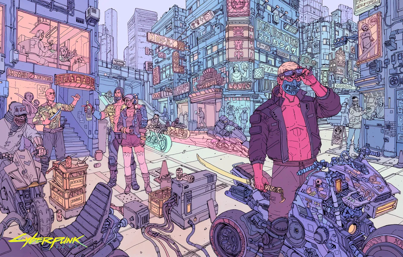Фото обои город, люди, киборги, жители, Cyberpunk 2077, Киберпанк 2077