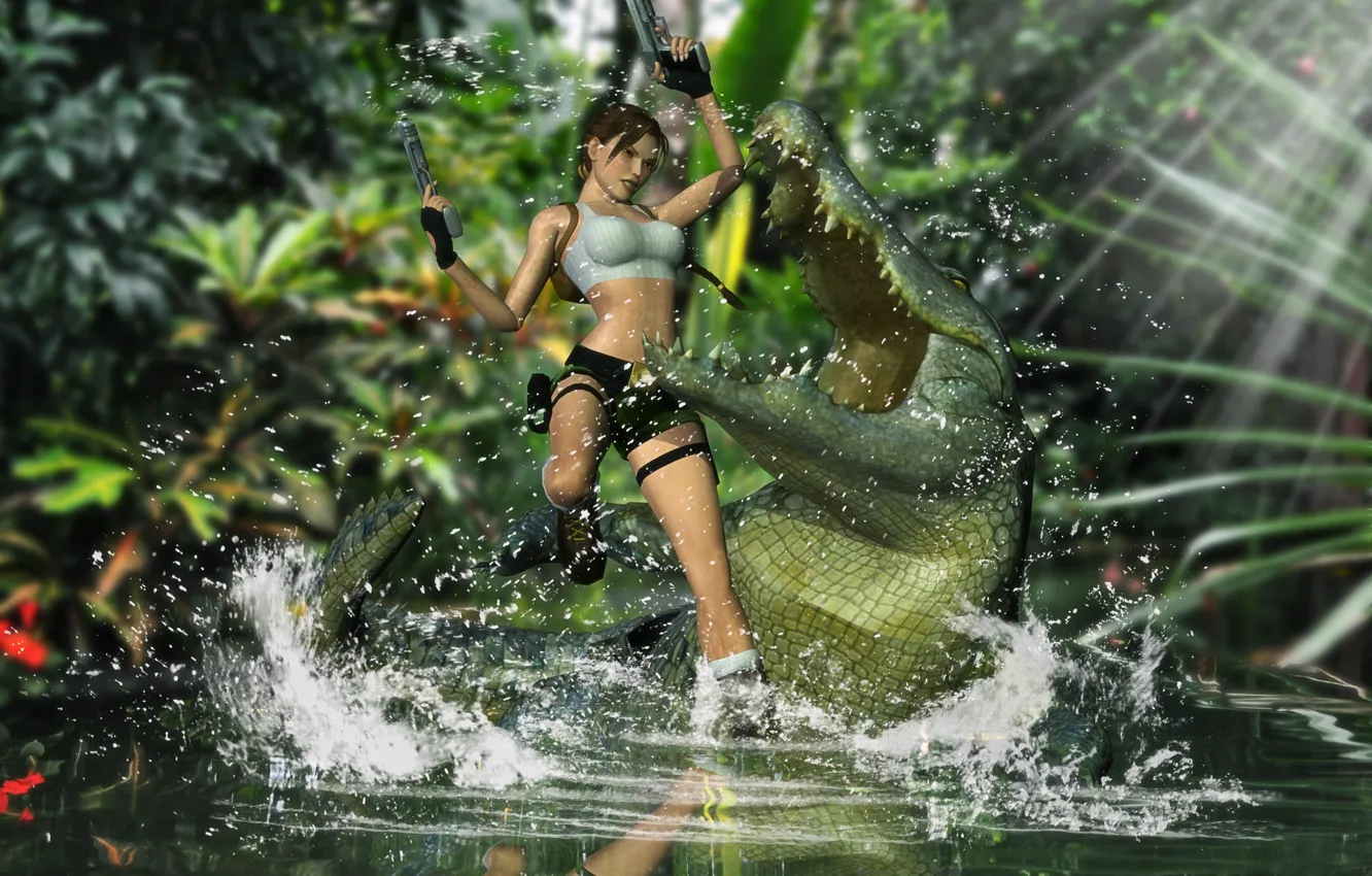 Фото обои вода, девушка, пистолеты, зубы, крокодил, пасть, Lara Croft, Tomb raider