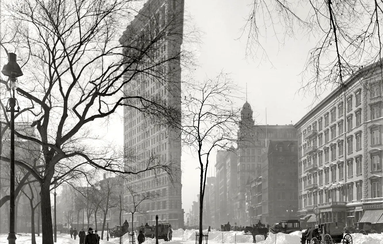 Фото обои зима, снег, дом, ретро, Нью-Йорк, США, УТЮГ, 1921 год